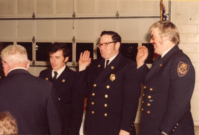 Chiefs swearing in ceremony 1980
l to R: Chief James Fogarty Sr., 1st Asst Chief Fred Kaelin Jr. and 2nd Asst. Chief Everett Glover